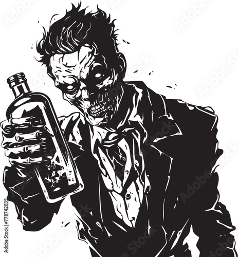 Rotgut Revival Zombie Holding Whiskey Bottle Vector Icon Zombie Bourbon Bliss Whiskey Bottle Vector Logo with Undead Twist