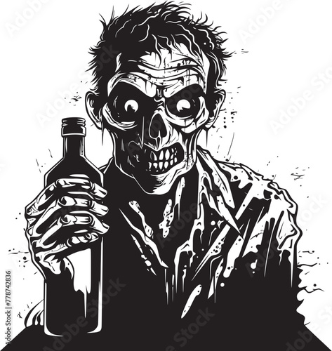 Bourbon Apocalypse Zombie and Whiskey Bottle Vector Logo Concept Undead Distillery Zombie Grasping Whiskey Bottle Vector Icon