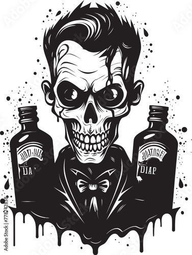 Zombie Barkeep Whiskey Bottle Vector Logo with Undead Server Graveyard Grains Zombie Holding Whiskey Bottle Vector Symbol