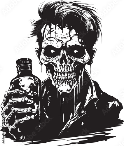 Graveyard Toast Zombie Raising Whiskey Bottle Vector Logo Eerie Elixirs Zombie Holding Whiskey Bottle Vector Illustration
