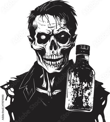 Night of the Living Bourbon Zombie with Whiskey Bottle Vector Symbol Graveyard Toast Zombie Raising Whiskey Bottle Vector Logo