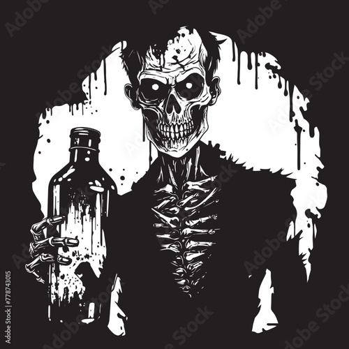 Undead Distillery Zombie Grasping Whiskey Bottle Vector Icon Macabre Mash Up Zombie with Whiskey Bottle Vector Emblem