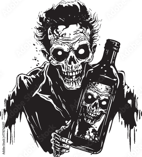 Eerie Elixirs Zombie Holding Whiskey Bottle Vector Illustration Bourbon Apocalypse Zombie and Whiskey Bottle Vector Logo Concept