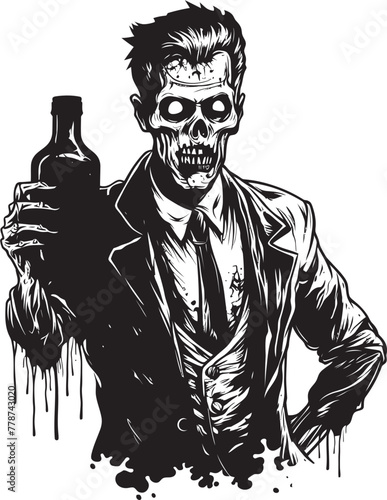 Bourbon Apocalypse Zombie and Whiskey Bottle Vector Logo Concept Undead Distillery Zombie Grasping Whiskey Bottle Vector Icon