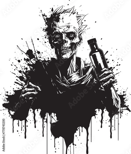 Haunted Distillery Zombie Holding Whiskey Bottle Vector Emblem Undead Whiskey Connoisseur Zombie Grasping Bottle Vector Logo