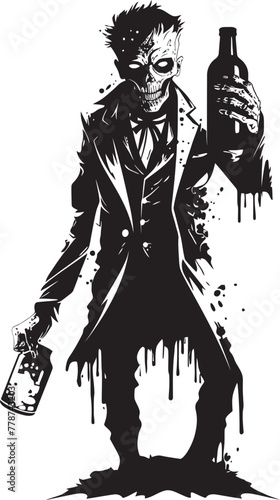 Eerie Elixirs Zombie Holding Whiskey Bottle Vector Illustration Bourbon Apocalypse Zombie and Whiskey Bottle Vector Logo Concept