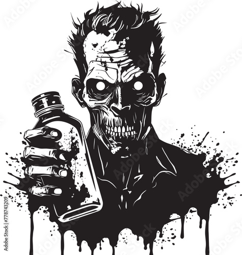 Zombie Bourbon Bliss Whiskey Bottle Vector Logo with Undead Twist Whiskey of the Dead Zombie Embracing Bottle Vector Design