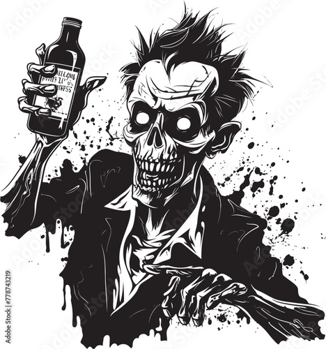 Macabre Mash Zombie and Whiskey Bottle Vector Design Rotgut Rendezvous Zombie with Whiskey Bottle Vector Symbol