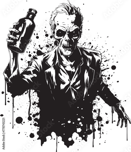 Undead Whiskey Connoisseur Zombie Grasping Bottle Vector Logo Macabre Mash Zombie and Whiskey Bottle Vector Design