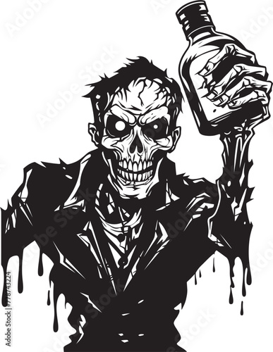 Zombie Spirits Whiskey Bottle Vector Logo with Undead Twist Graveyard Whiskey Zombie Holding Bottle Vector Icon