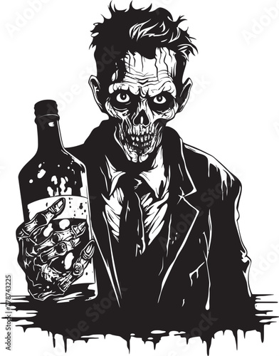 Graveyard Whiskey Zombie Holding Bottle Vector Icon Eerie Bourbon Encounter Zombie and Whiskey Bottle Vector Illustration