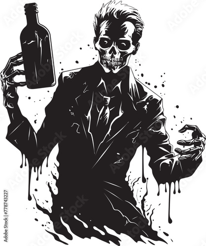 Necro Spiritual Draughts Zombie with Whiskey Bottle Vector Logo Apocalyptic Bourbon Affair Zombie Grasping Bottle Vector Emblem