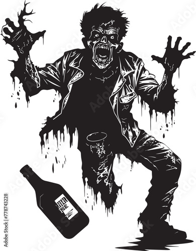 Eerie Bourbon Encounter Zombie and Whiskey Bottle Vector Illustration Necro Spiritual Draughts Zombie with Whiskey Bottle Vector Logo