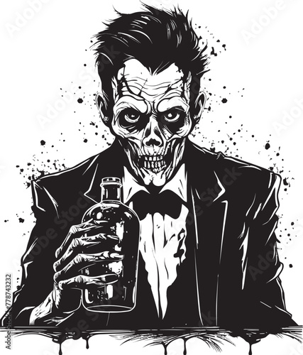Whiskey From Beyond Zombie Holding Bottle Vector Design Undead Toast Zombie and Whiskey Bottle Vector Symbol