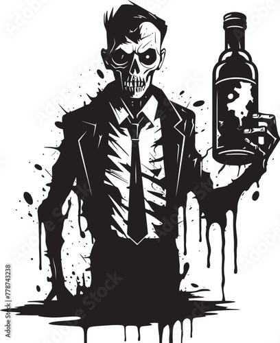 Zombie Whiskey Revelry Grasping Bottle Vector Logo Haunted Bourbon Bash Zombie with Whiskey Bottle Vector Emblem