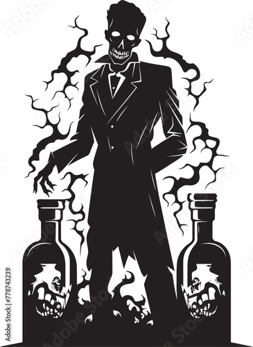 Graveyard Spirits Zombie and Whiskey Bottle Vector Symbol Eerie Bourbon Fusion Zombie with Bottle Vector Icon