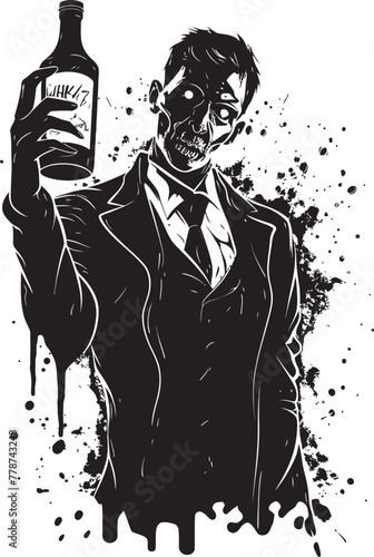 Apocalyptic Bourbon Toast Zombie Holding Bottle Vector Icon Haunted Spirits Zombie and Whiskey Bottle Vector Emblem