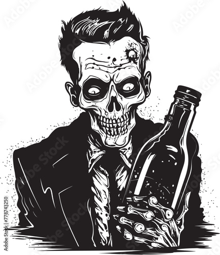 Haunted Spirits Zombie and Whiskey Bottle Vector Emblem Zombie Whiskey Dreams Grasping Bottle Vector Design