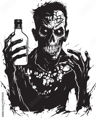 Necro Whiskey Affair Zombie and Whiskey Bottle Vector Logo Apocalyptic Bourbon Toast Zombie Holding Bottle Vector Icon