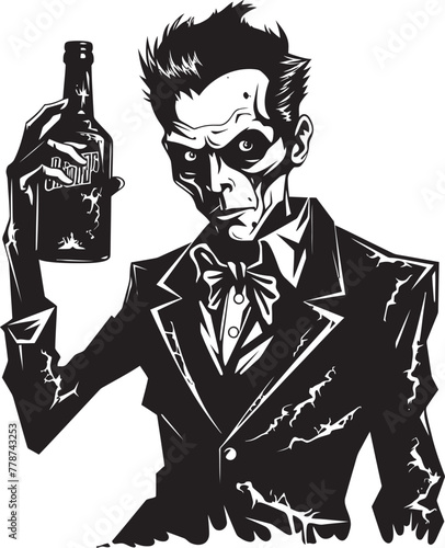 Macabre Bourbon Affair Zombie with Bottle Vector Symbol Rotgut Resurgence Zombie and Whiskey Bottle Vector Icon
