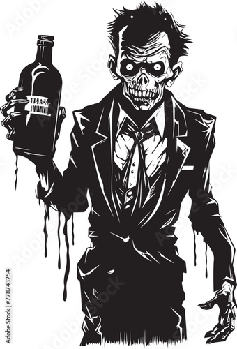 Nightmarish Bourbon Delight Zombie Holding Bottle Vector Design Graveyard Spirits Zombie and Whiskey Bottle Vector Symbol