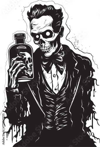 Haunted Bourbon Bash Zombie with Whiskey Bottle Vector Emblem Nightmarish Bourbon Delight Zombie Holding Bottle Vector Design