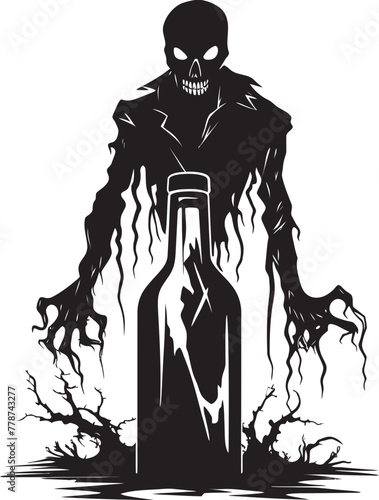 Eerie Whiskey Fusion Zombie Holding Bottle Vector Icon Necro Spiritual Bourbon Ritual Zombie with Bottle Vector Emblem