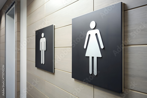 Modern restroom signs mounted on a wall finished with wood-like tile, indicating male and female facilities