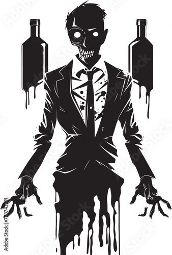Necro Spiritual Bourbon Ritual Zombie with Bottle Vector Emblem Apocalyptic Whiskey Toast Zombie Grasping Bottle Vector Design