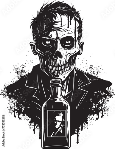 Graveyard Bourbon Zombie and Whiskey Bottle Vector Symbol Haunted Whiskey Ritual Zombie Holding Bottle Vector Icon