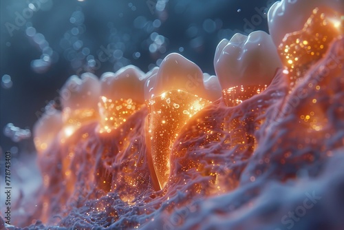 Close-up of fluoride particles bonding with a tooth, creating a sparkling shield against decay photo