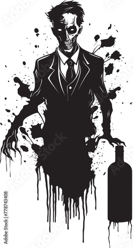 Macabre Whiskey Dreams Zombie Holding Bottle Vector Emblem Rotgut Revelation Zombie with Whiskey Bottle Vector Design