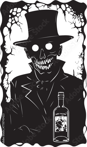 Eerie Bourbon Reverie Zombie and Bottle Vector Icon Necro Spiritual Whiskey Ritual Zombie with Bottle Vector Emblem