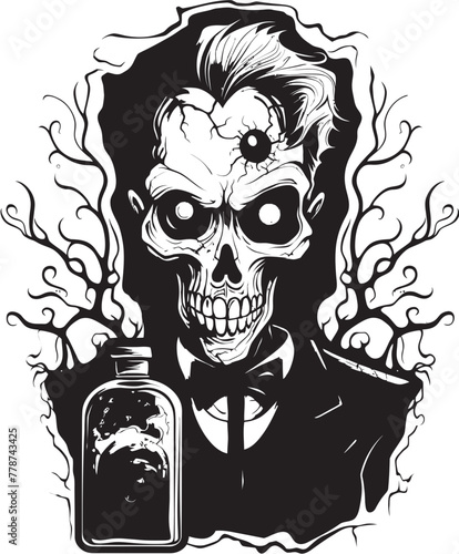 Apocalyptic Bourbon Fusion Zombie Holding Bottle Vector Design Graveyard Whiskey Bash Zombie and Whiskey Bottle Vector Symbol