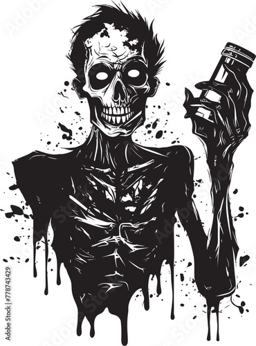 Graveyard Whiskey Bash Zombie and Whiskey Bottle Vector Symbol Macabre Bourbon Dreams Zombie with Bottle Vector Icon