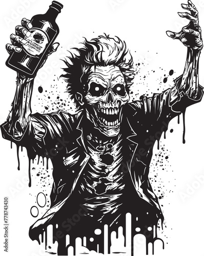 Necro Spiritual Whiskey Ritual Zombie with Bottle Vector Emblem Apocalyptic Bourbon Fusion Zombie Holding Bottle Vector Design