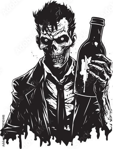 Zombie Whiskey Apocalypse Grasping Bottle Vector Icon Haunted Bourbon Fusion Zombie with Whiskey Bottle Vector Emblem