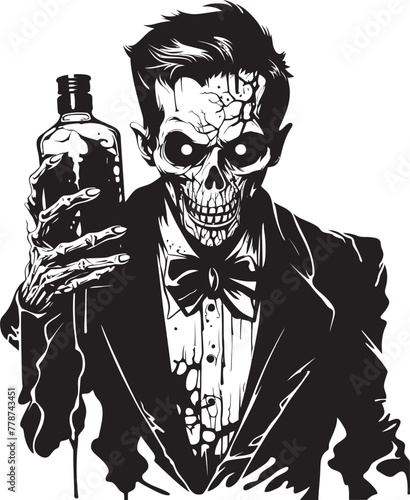 Haunted Bourbon Fusion Zombie with Whiskey Bottle Vector Emblem Nightmarish Whiskey Delight Zombie Holding Bottle Vector Design