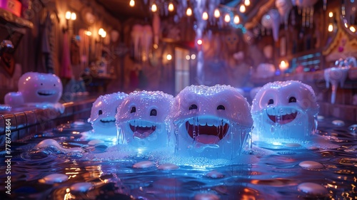 Tooth characters bask in a fluoride fountain, representing the benefits of fluoride treatments photo