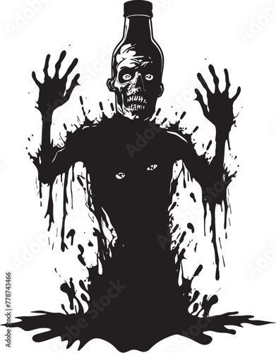 Necro Spiritual Bourbon Bash Zombie with Bottle Vector Icon Apocalyptic Whiskey Encounter Zombie Grasping Bottle Vector Illustration