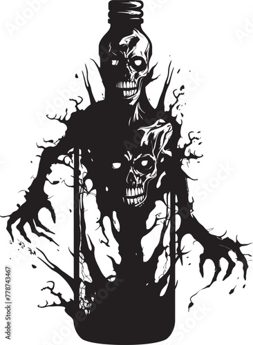 Graveyard Bourbon Ritual Zombie and Whiskey Bottle Vector Logo Macabre Whiskey Fusion Zombie with Bottle Vector Icon
