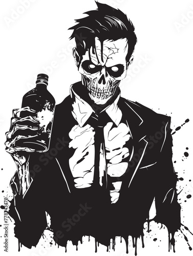 Macabre Whiskey Fusion Zombie with Bottle Vector Icon Rotgut Resurrection Zombie Holding Bottle Vector Emblem