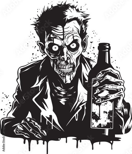 Zombie Whiskey Ritual Grasping Bottle Vector Symbol Haunted Bourbon Dreams Zombie with Whiskey Bottle Vector Icon
