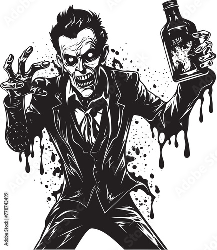 Haunted Bourbon Dreams Zombie with Whiskey Bottle Vector Icon Nightmarish Bourbon Fusion Zombie Grasping Bottle Vector Illustration