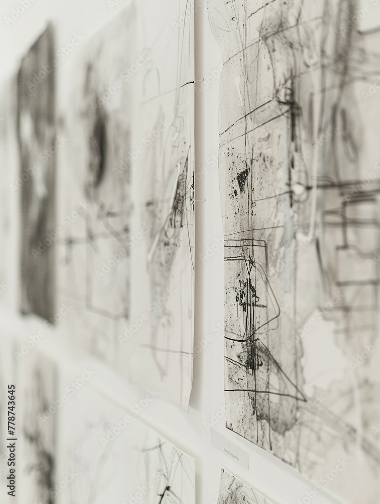 A gallery's walls come alive with abstract sketches, each accompanied by handwritten artist insights