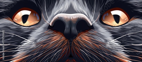 A close up of a Felidaes face with orange iris eyes, whiskers, and fur. The cats snout and eyelashes are highlighted in this terrestrial animal event photo