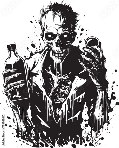 Undead Distillery Zombie Holding Whiskey Bottle Vector Emblem Bourbon from Beyond Zombie Whiskey Bottle Vector Logo Design