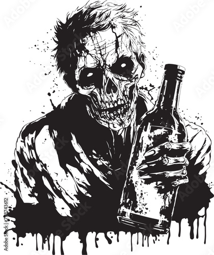 Zombie Spirits Whiskey Bottle Vector Logo with Undead Twist Graveyard Grains Zombie Holding Whiskey Bottle Vector Symbol