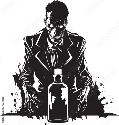 Cryptic Cocktails Zombie Holding Whiskey Bottle Vector Emblem Macabre Mash Zombie Whiskey Bottle Vector Logo Design