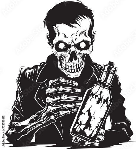 Macabre Mash Zombie Holding Whiskey Bottle Vector Emblem The Walking Drunk Zombie Whiskey Bottle Vector Logo Design